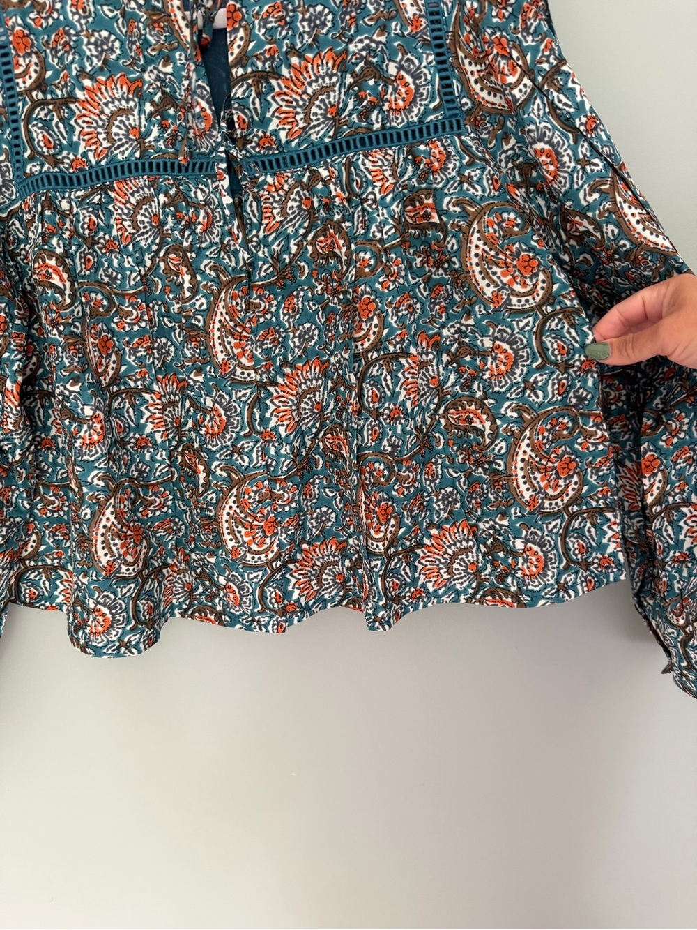 Emerson Fry India Collection "Isla" 100% Silk Teal Rust Paisley Peasant Top - Picture 7 of 15